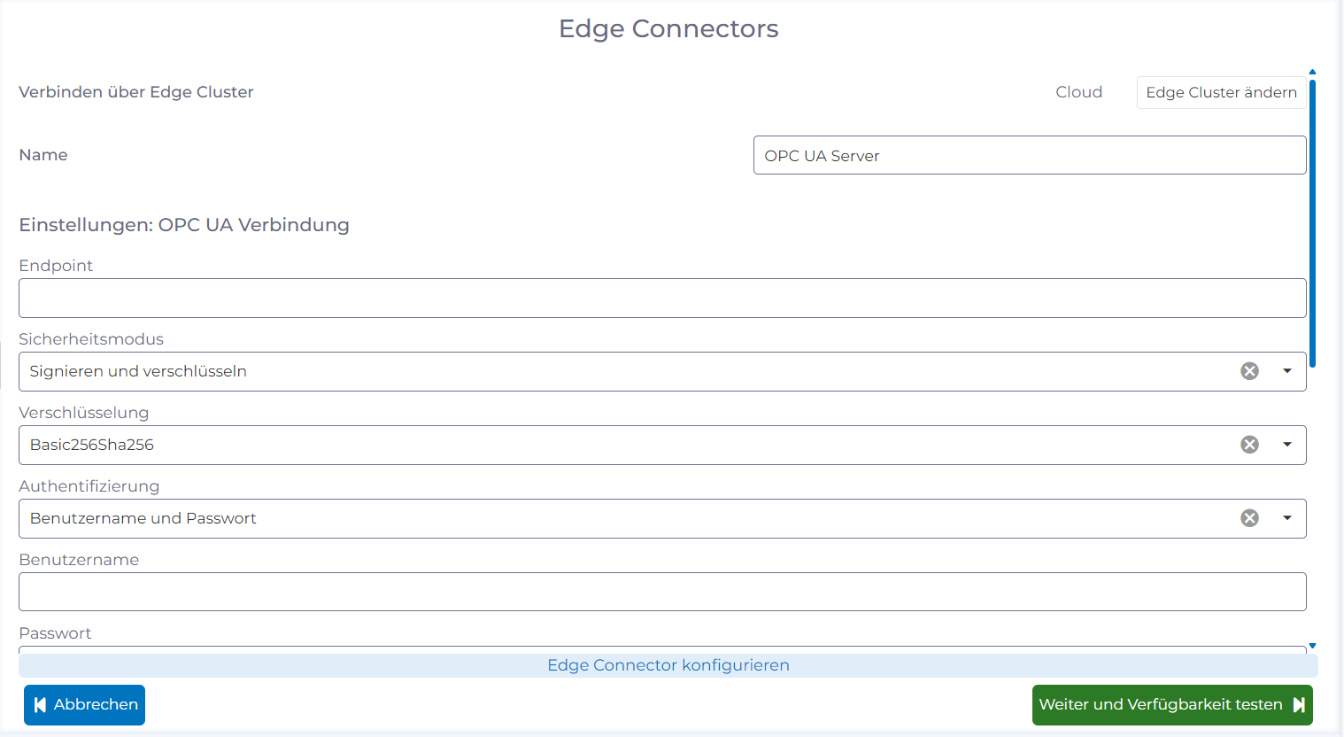 manubes Edge Connector-Konfiguration: OPC UA