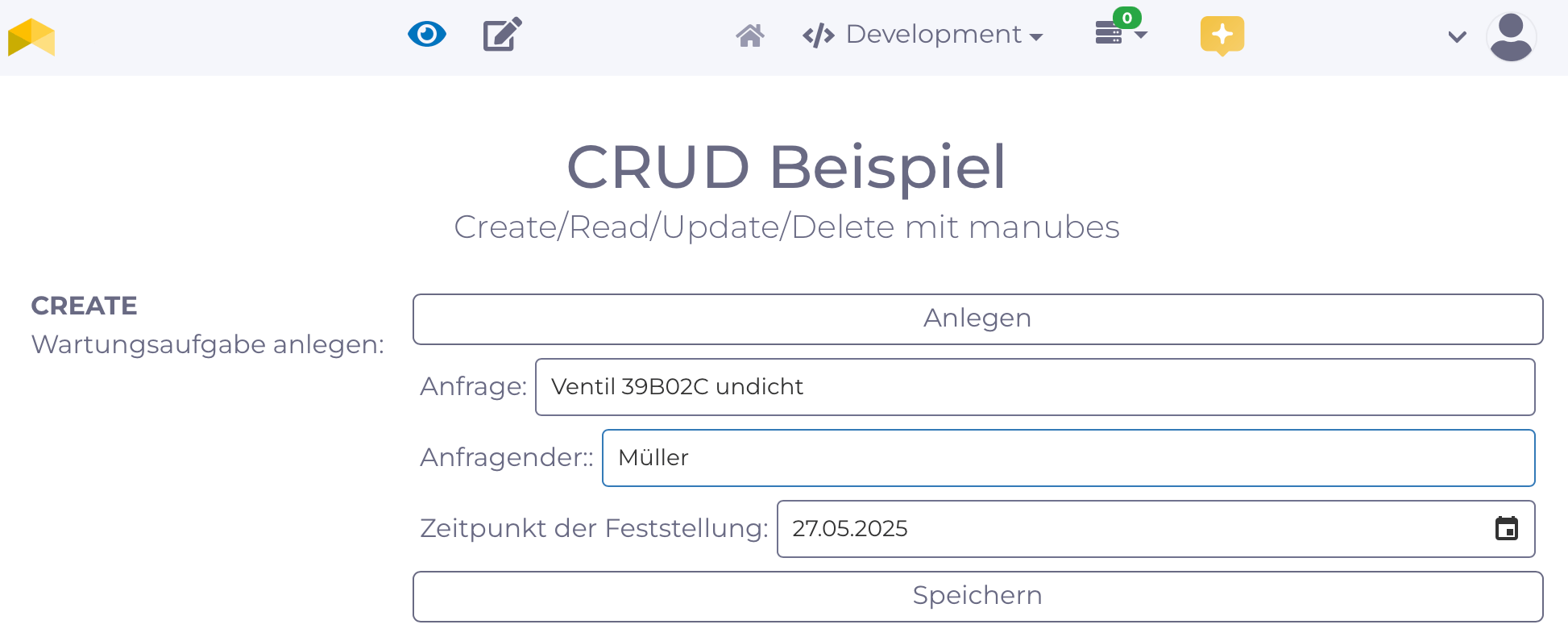 CRUD-Applikation mit manubes: Erstellen von Wartungsanfragen