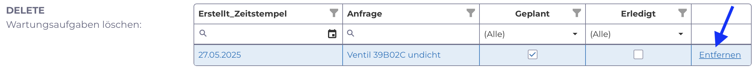 CRUD-Applikation mit manubes: Löschen von Wartungsaufgaben