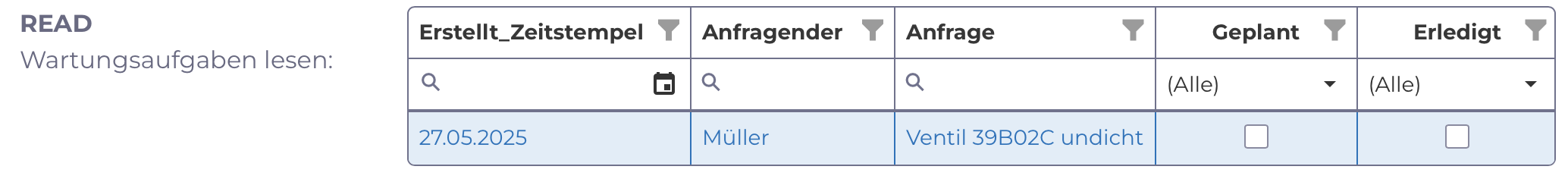 CRUD-Applikation mit manubes: Einsehen von Wartungsanfragen
