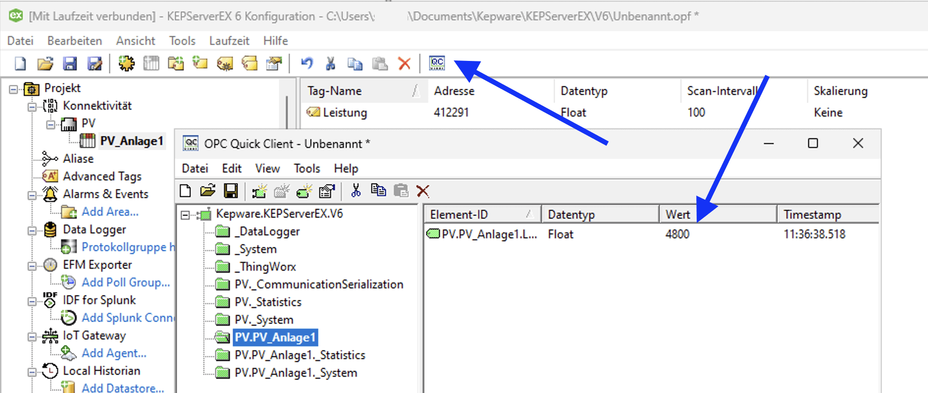 KEPServerEX: Test mit dem integrierten OPC Quick Client