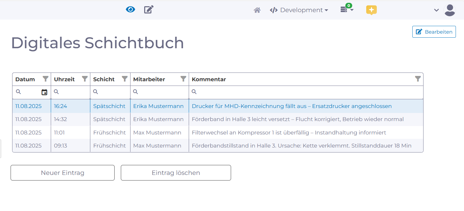 Digitales Schichtbuch mit manubes: Datenanzeige
