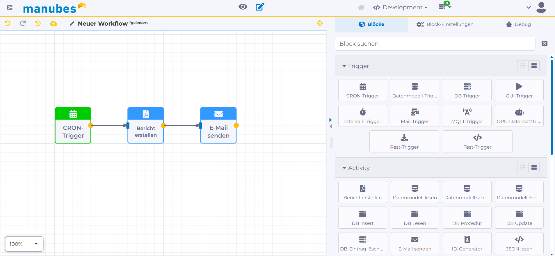 manubes Workflow Designer: Grafisches Interface, Trigger und Activities