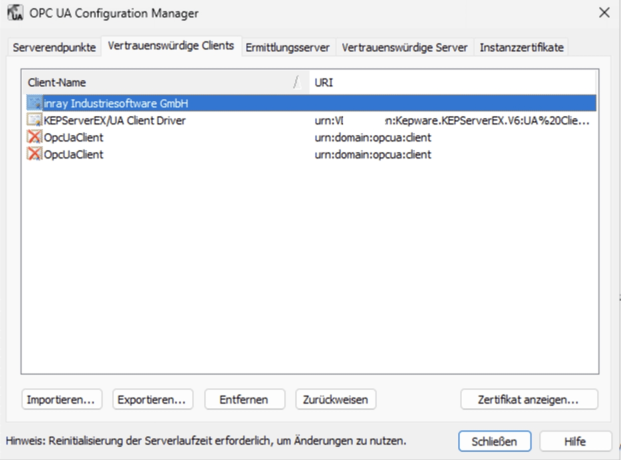 Verwaltung von OPC UA Client-Zertifikaten mit dem KEPServerEX