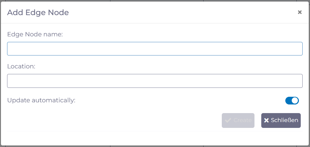 manubes Administration: Enter a name and site for a new Edge Node
