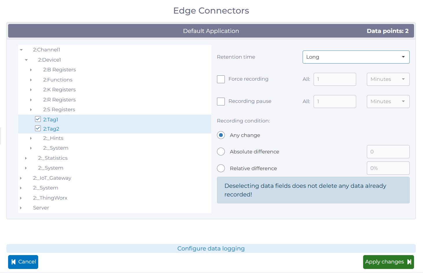manubes: Configuring the OPC UA Data Recording for an OPC UA Edge Connector