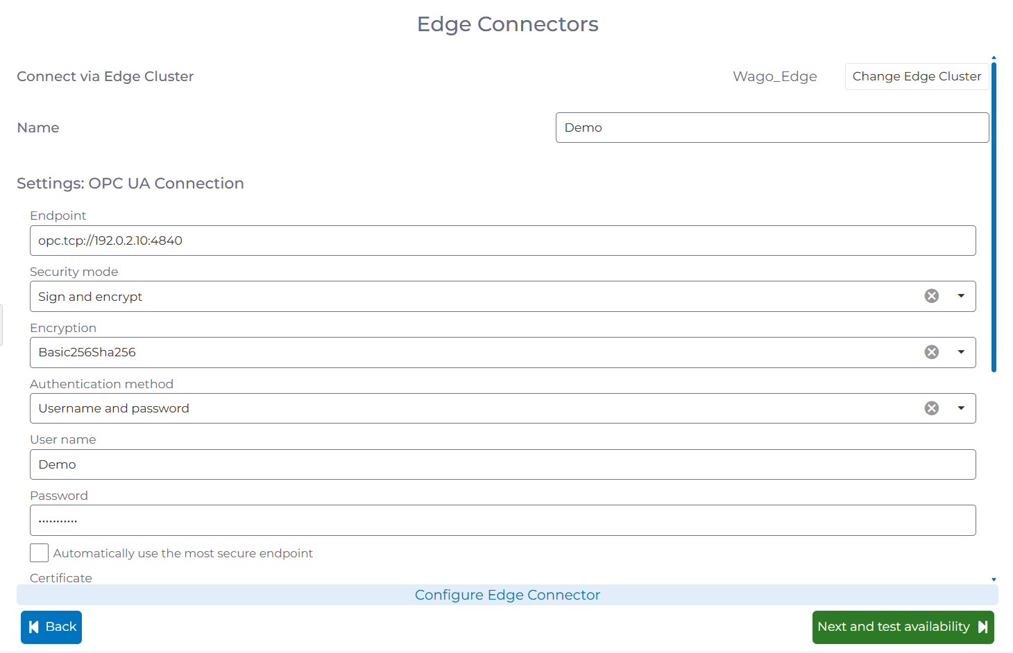 manubes: Configuring the Connection Details for the OPC UA Edge Connector