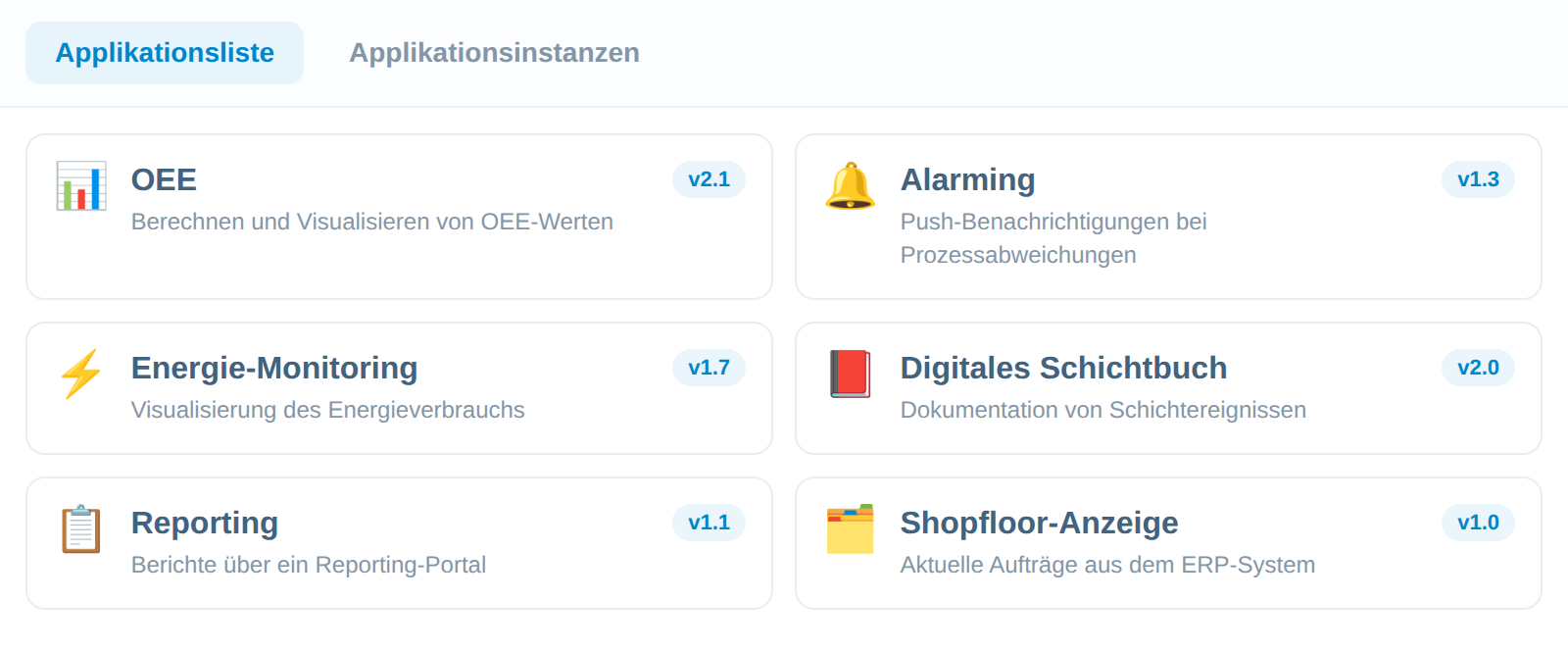 Applikationsliste in manubes mit sechs Applikationen und ihrem Versionsstand